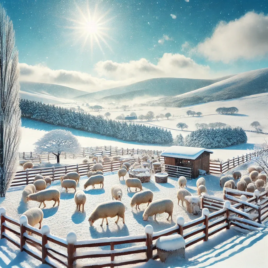 대관령 양떼목장의 눈 덮인 초원과 나무 울타리, 방목 중인 양들