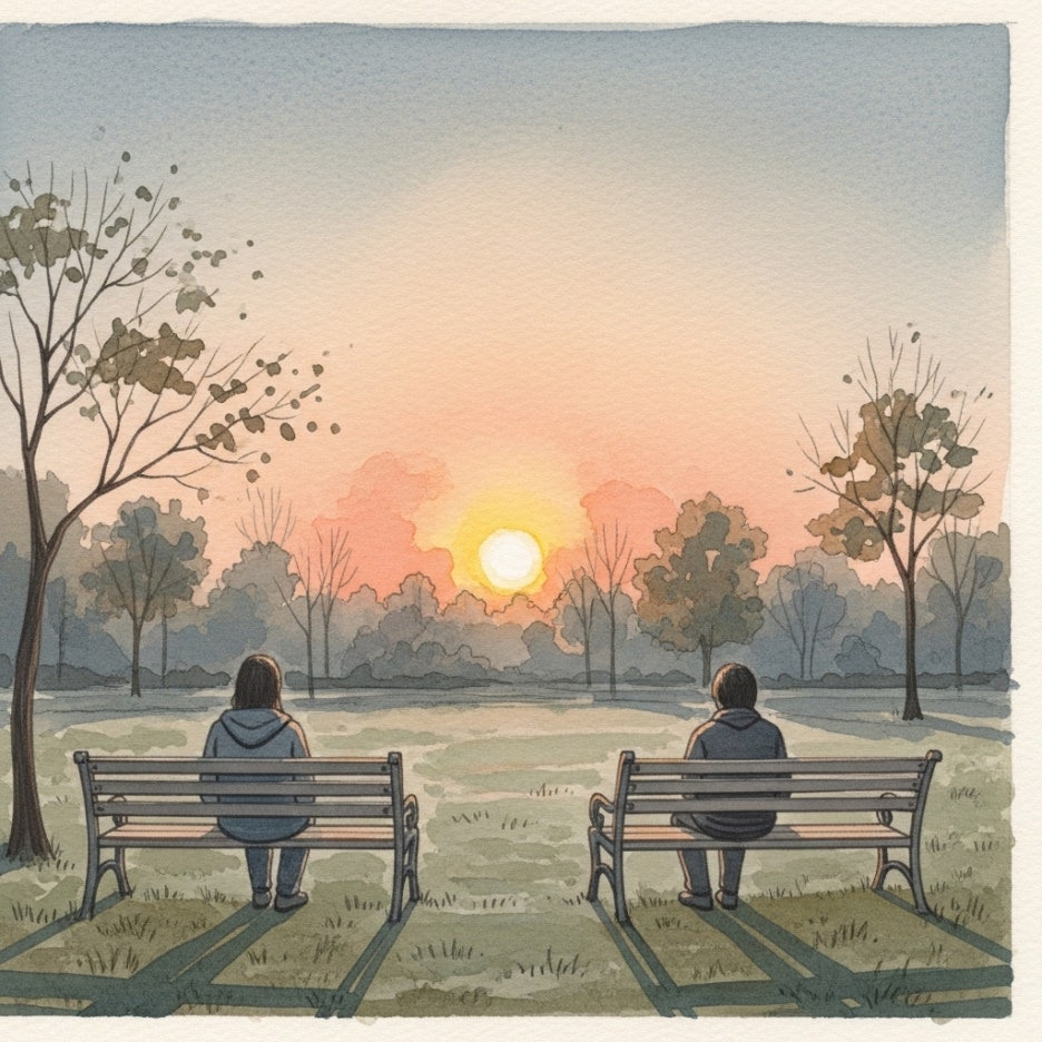 노을 지는 공원에서 각자 시간을 보내는 연인