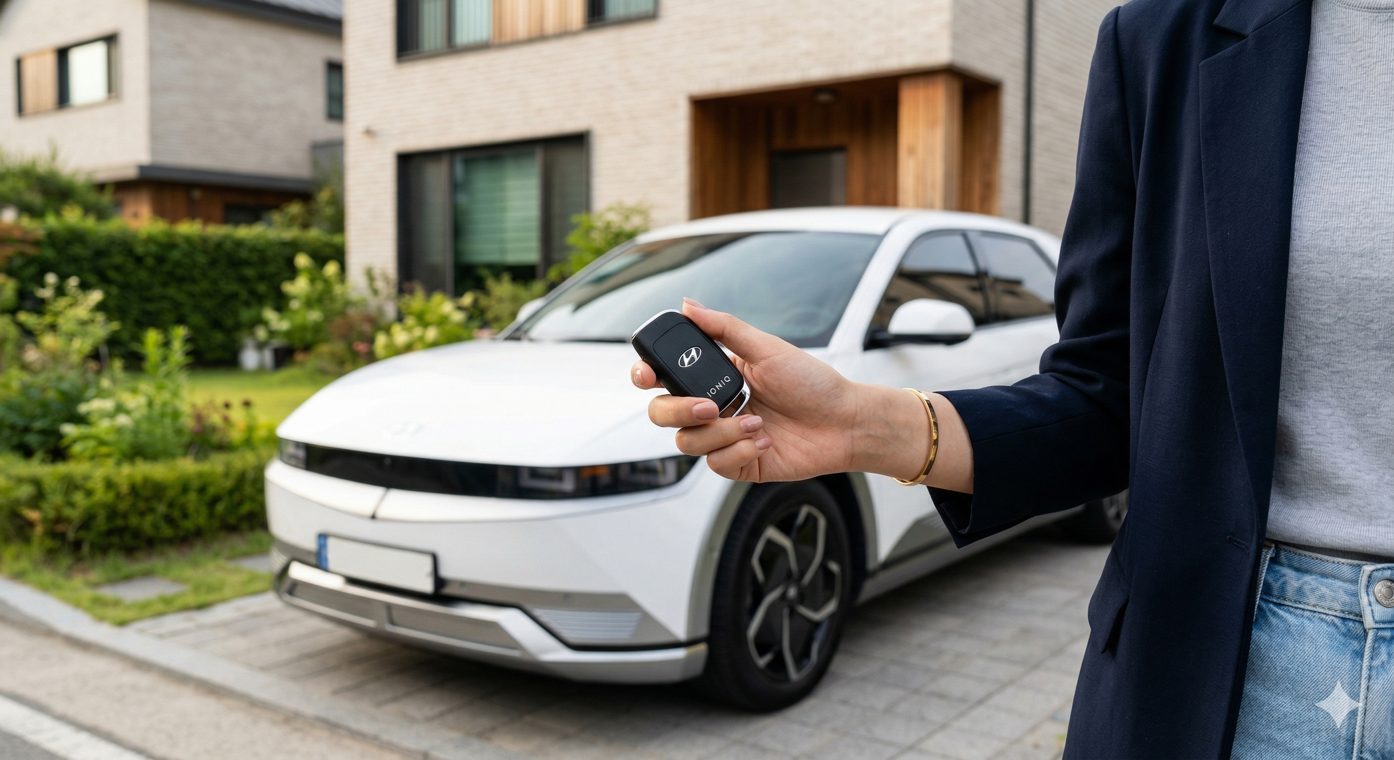 현대적인 흰색 전기차 앞에서 차 키를 든 운전자의 모습. 차량 매매나 폐차 등으로 발생하는 자동차세 환급금 신청의 중요성을 시각적으로 나타낸 고해상도 사진.