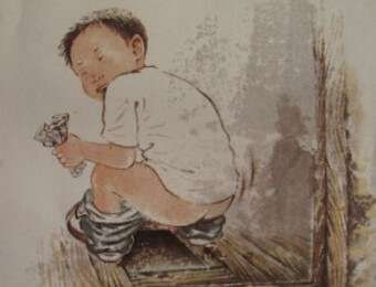 옛날-재래식-화장실에서-신문지를-손에-쥐고-변을-보는-그림