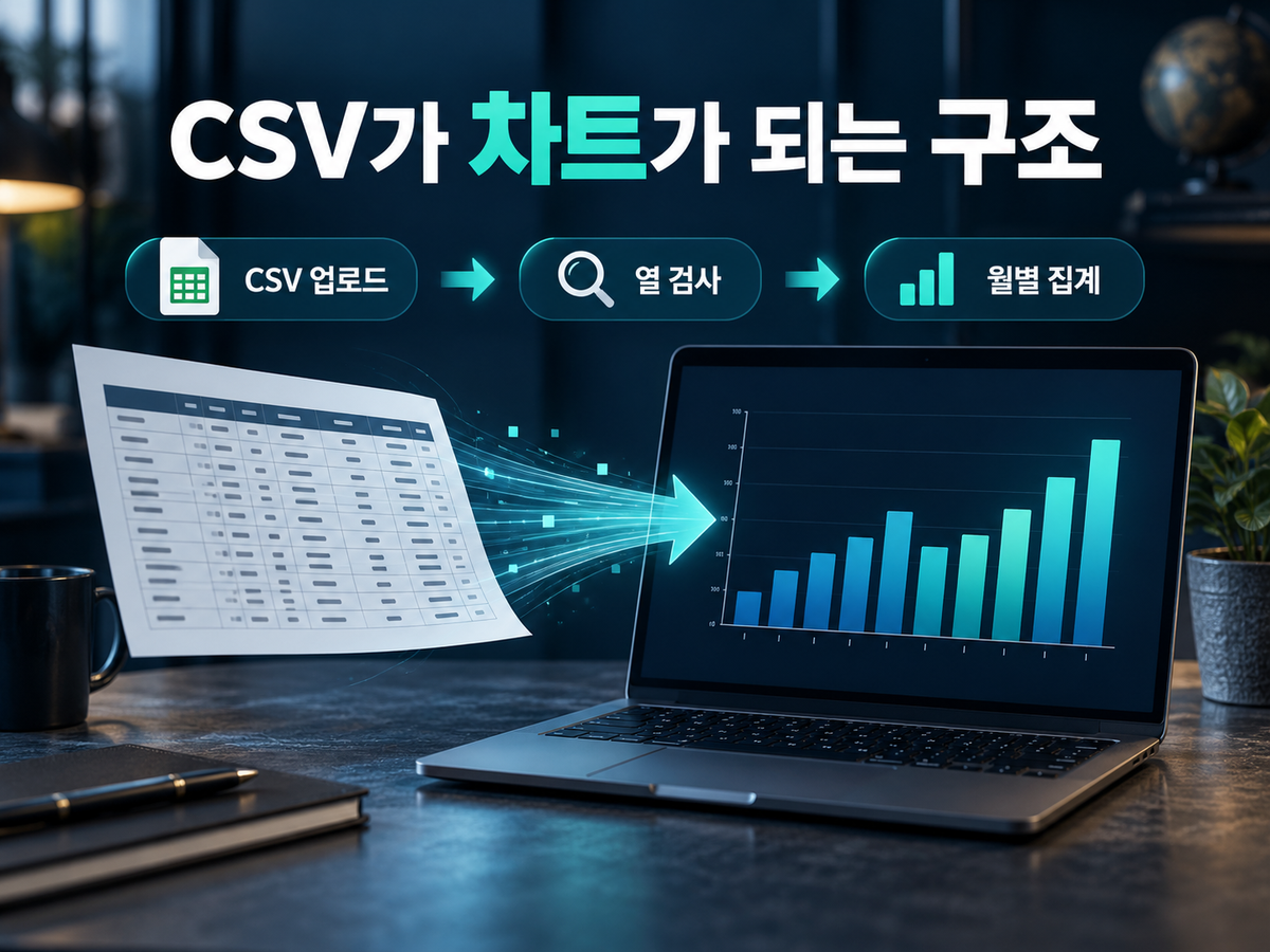 CSV 업로드, 열 검사, 월별 집계를 거쳐 매출 막대 차트가 되는 구조