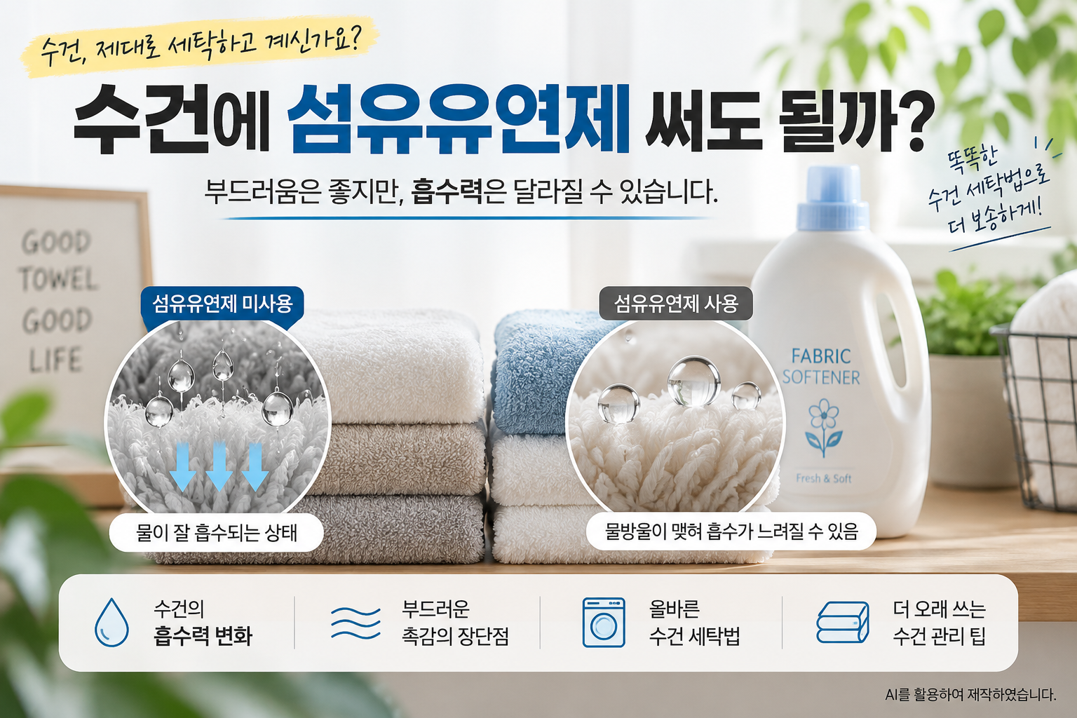 수건에 섬유유연제를 사용했을 때 흡수력 변화를 설명하는 이미지