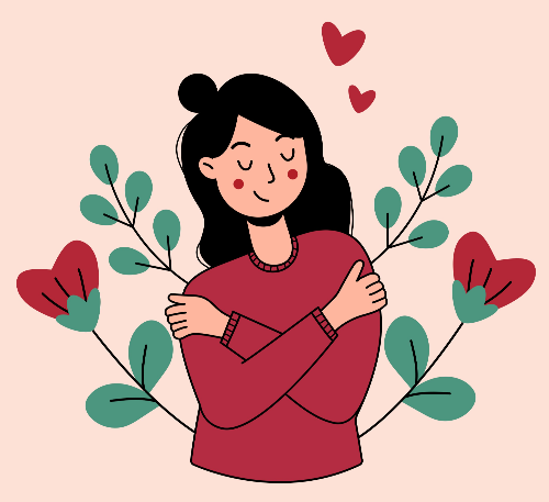 팔로 자기 자신을 감싸 안은 행복한 여성의 일러스트