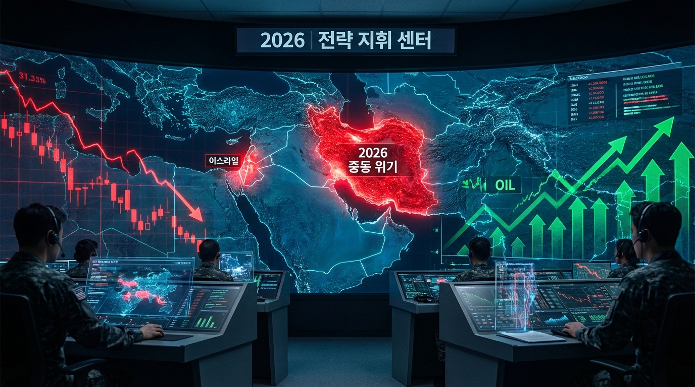 2026년 이란 전쟁 확전 시나리오에 따른 글로벌 경제 지표 하락과 중동 지도 시각화