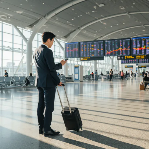 후쿠오카 항공권 발권 후 여행을 준비하는 남성의 모습