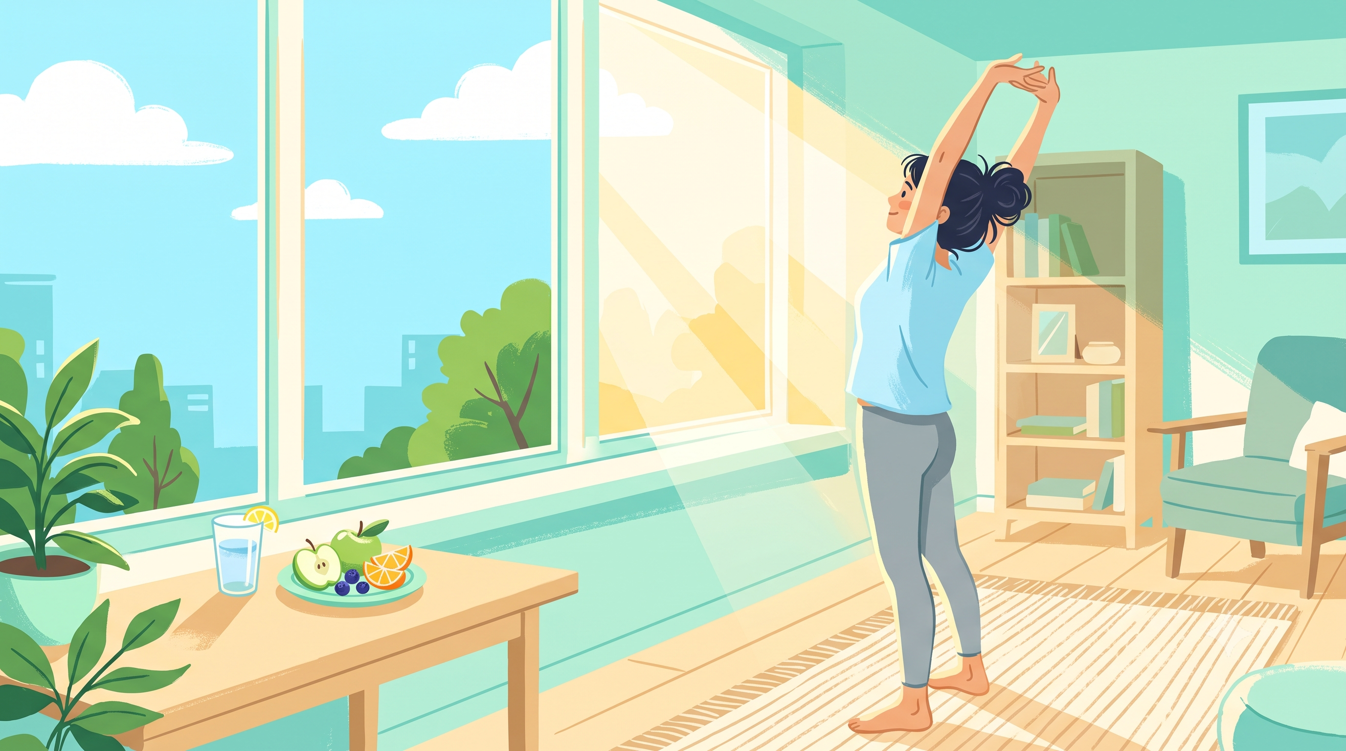 아침 햇살 속에서 스트레칭하는 사람 일러스트