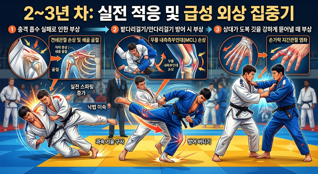 2~3년 차 유도 선수의 급성 외상(견쇄관절 손상, 무릎 내측인대, 손가락 염좌) 메커니즘을 설명하는 인포그래픽.
