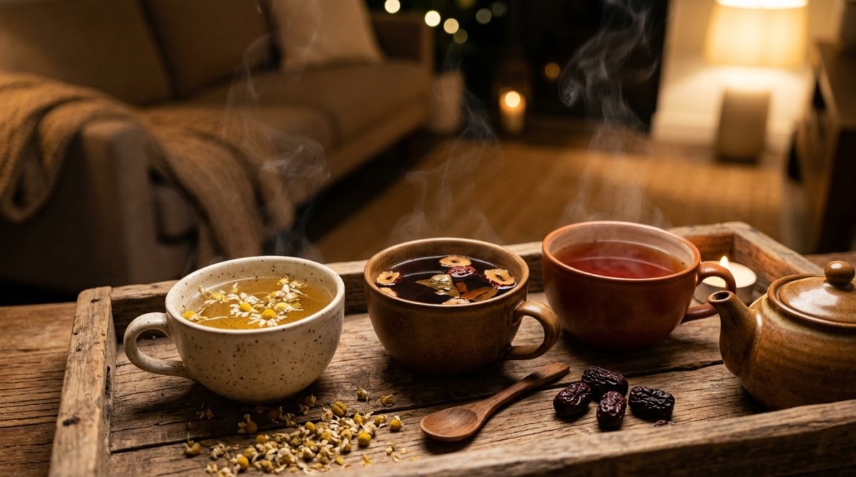 은은한 밤 조명이 비치는 아늑한 거실을 배경으로, 소박한 나무 쟁반 위에 놓인 세 개의 세라믹 찻잔에 각각 김이 피어오르는 카모마일차, 대추차, 루이보스차가 담겨 있는 모습을 가까이서 촬영한 실사 사진
