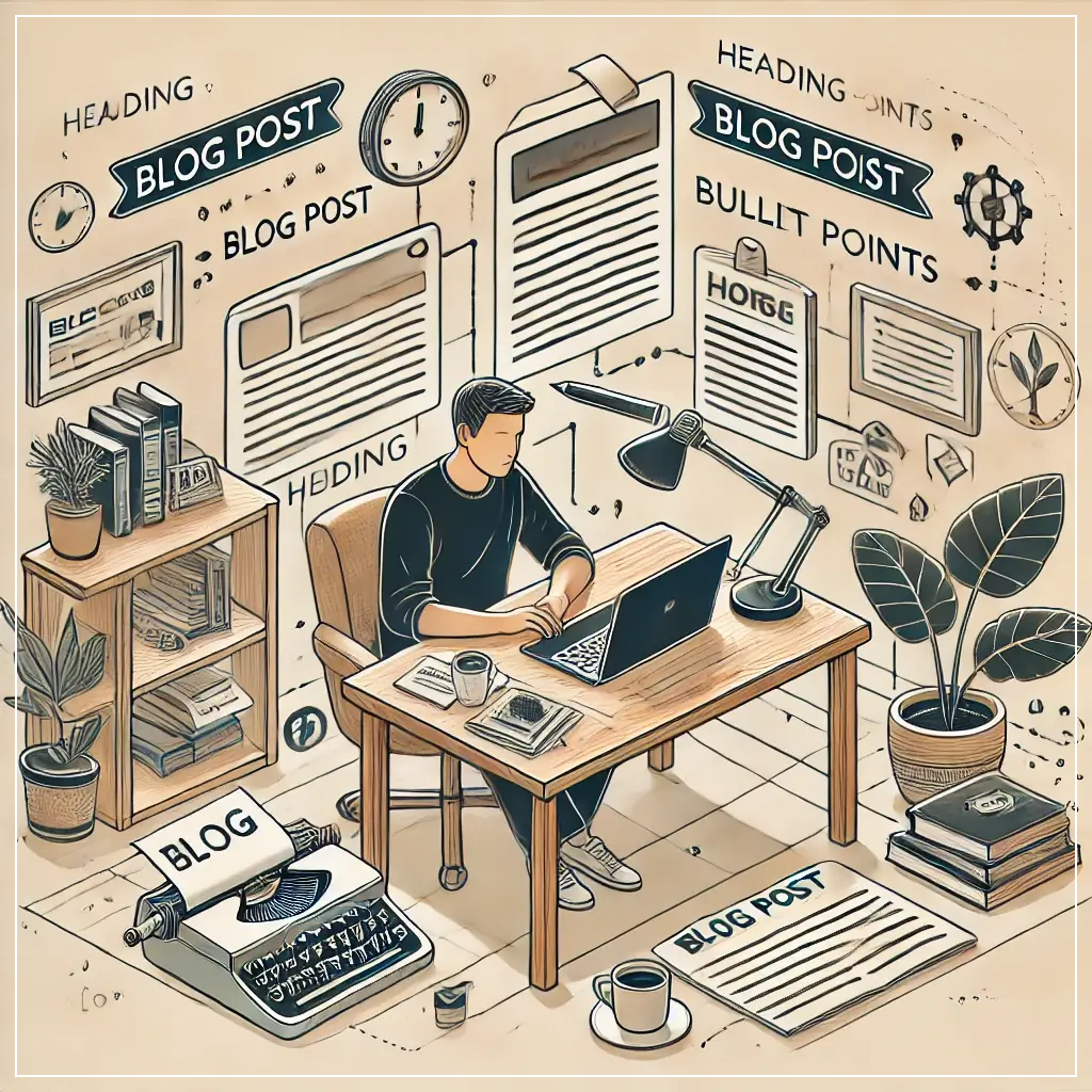 책상에-앉아-블로그-글의-기본-구조를-작성하고-있는-작가의-모습.-노트와-노트북,-커피잔이-있으며,-주위에-헤딩,-글머리-기호,-화살표가-떠다니고-있어-글의-구조화를-상징한다.