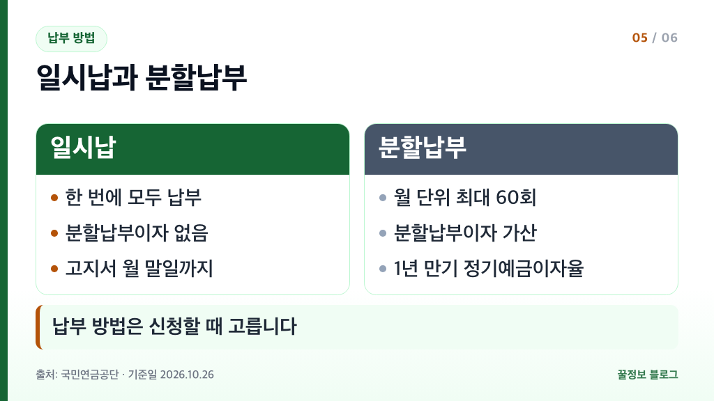 국민연금 추납보험료 납부 방법 일시납과 월 최대 60회 분할납부 분할납부이자 가산 비교