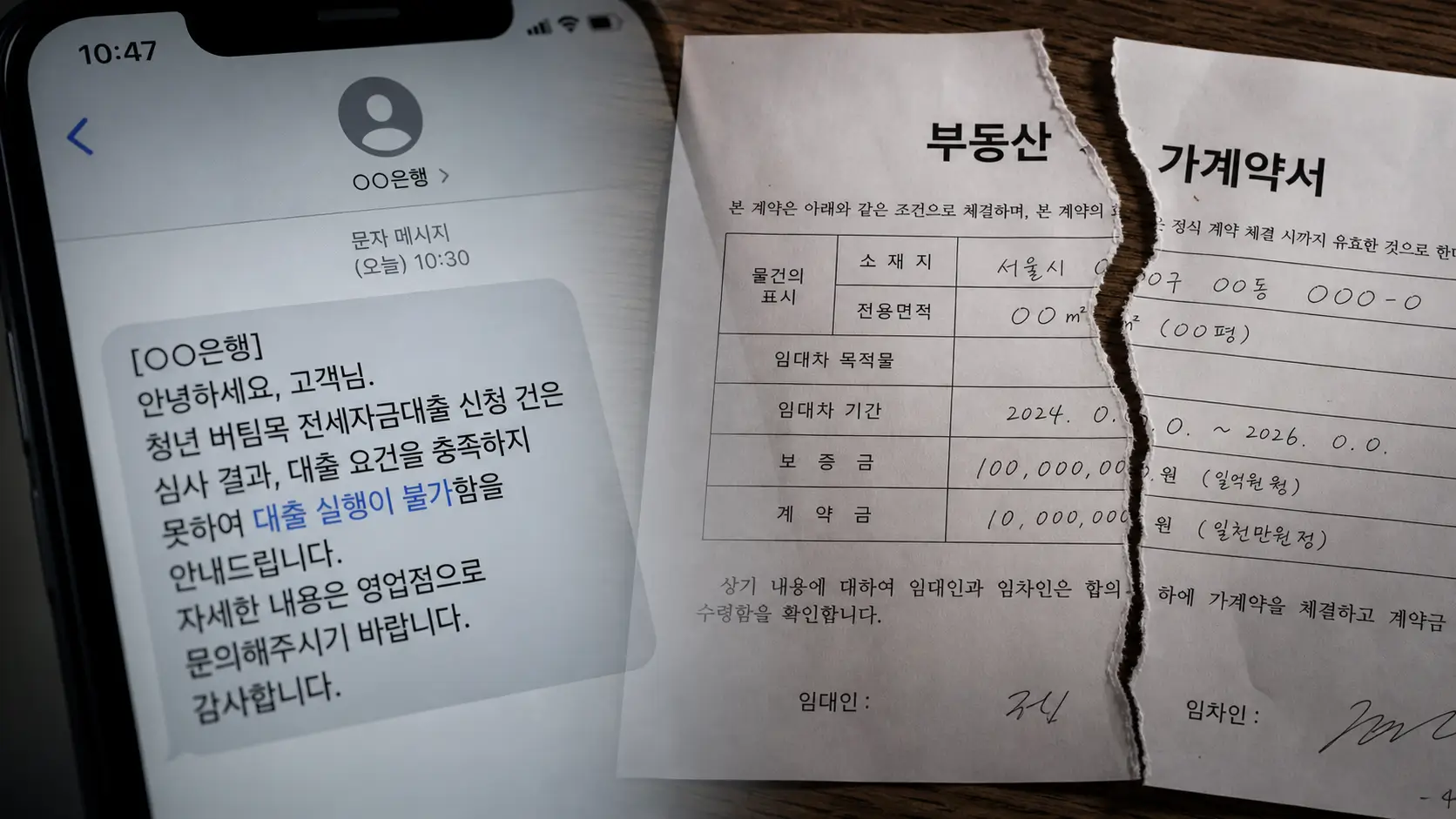 청년 버팀목 전세 자금 대출 불가 통보 은행 문자와 찢어진 부동산 가계약서 오버랩 이미지