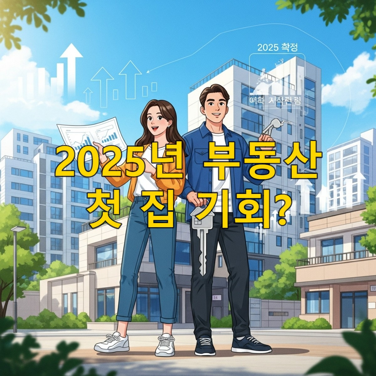 2025년 한국 도시에서 현대적인 아파트 앞에 서 있는 젊은 한국인 부부. 한 손에는 주택 열쇠를 들고 다른 한 손으로는 아파트를 가리키며 밝고 희망찬 표정을 짓고 있다. 2025년 첫 주택 구매 기회를 상징한다.