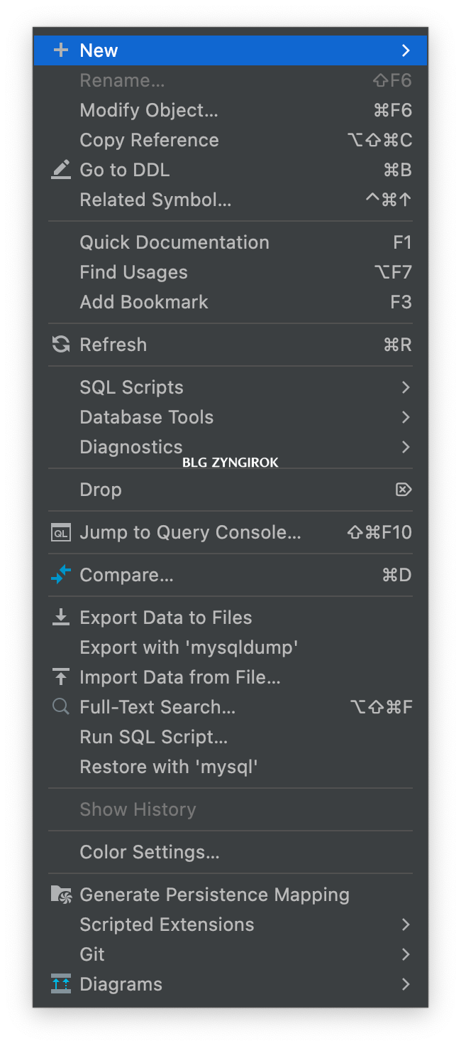 데이터베이스를-선택후-오른쪽-마우스를-눌렀을때의-메뉴창-모습이다.-첫번째-항목인-New가-선택되어있다.
