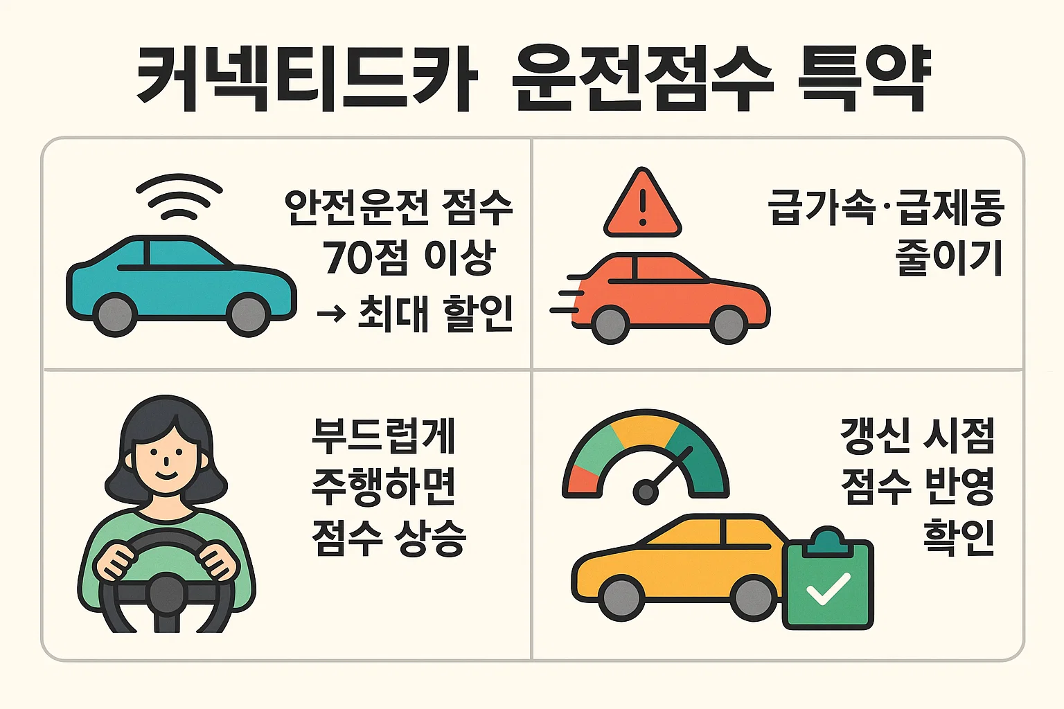 자동차 책임보험료를 줄이는 커넥티드카 운전점수 특약 안내 인포그래픽. 급가속·급제동 감소, 안전운전 점수 향상으로 보험료를 최대 할인받는 실천 방법을 보여주는 이미지.