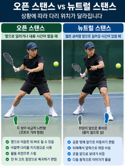 포핸드 오픈 스탠스 vs 뉴트럴 스탠스, 상황별 다리 위치와 체중 이동은 어떻게 다를까?