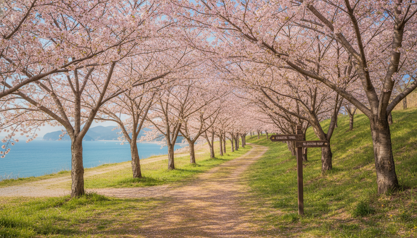 사람 없이 한적한 바닷가 마을의 아름다운 벚꽃 터널 산책로