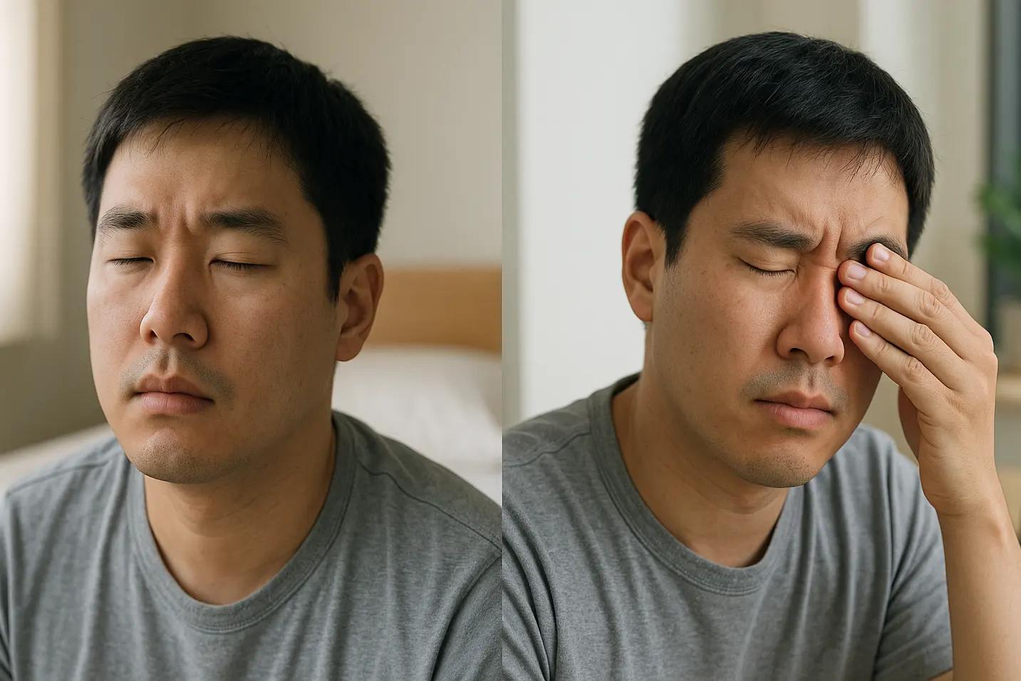 아침에 일어나 눈꺼풀이 무겁고 뻑뻑하게 뜨는 한국인 남성 클로즈업, 오후에는 모래알이 들어간 듯 눈을 비비는 모습