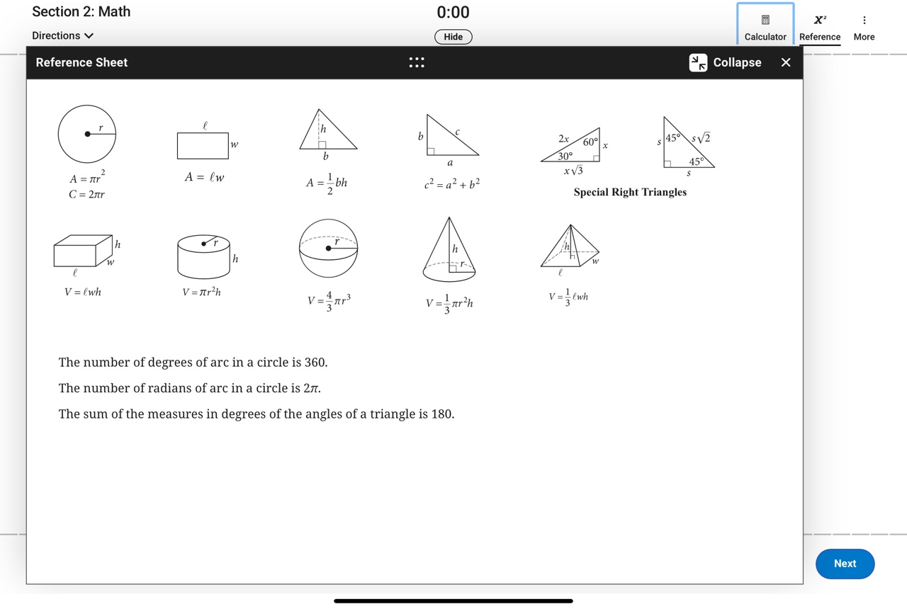 Digital SAT Test Preview - Math 섹션에서 Reference (공식)을 설명하는 이미지