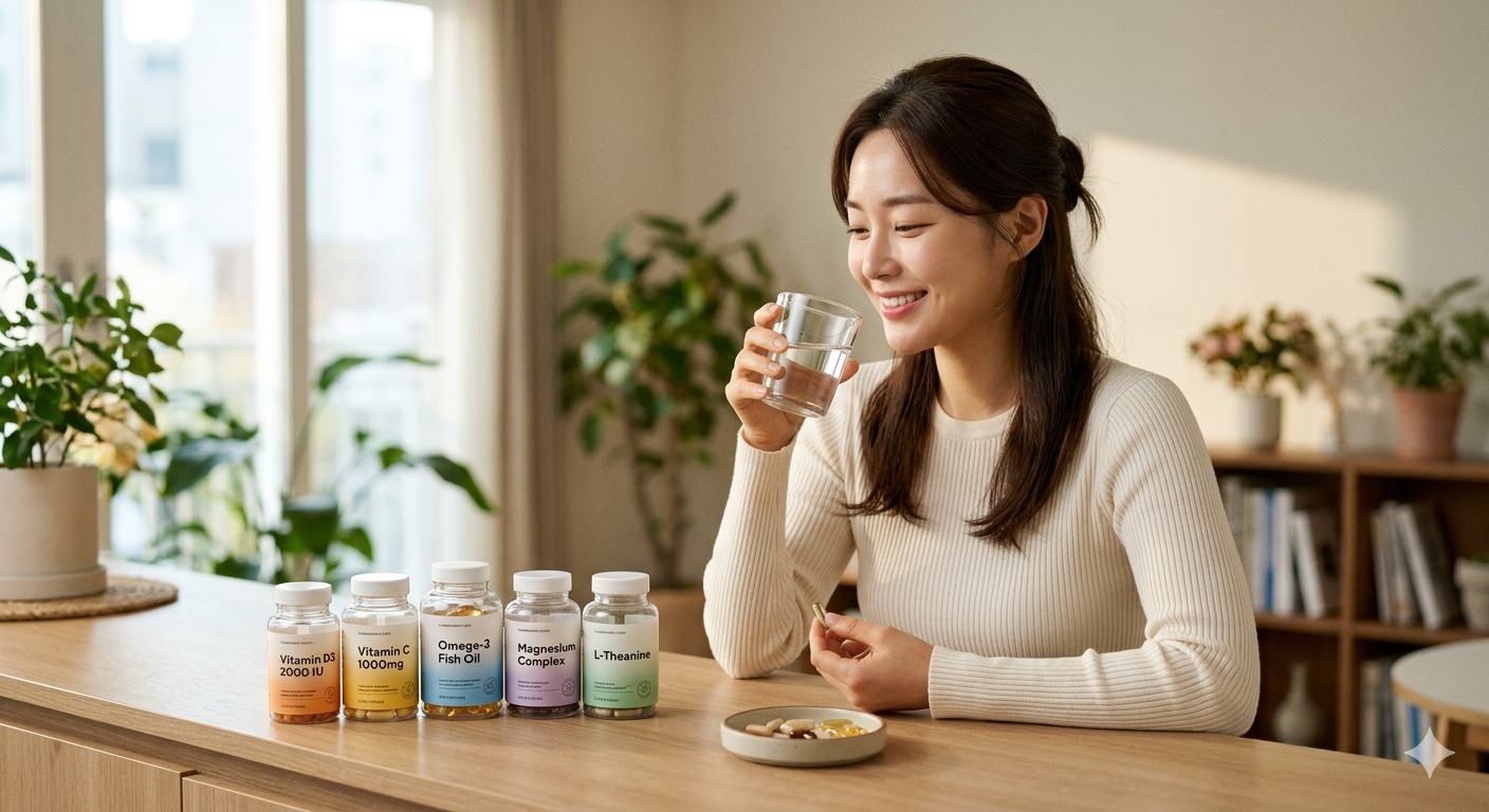 정신건강과 신체건강을 위해 영양제를 골고루 챙겨 먹는 건강한 여성 이미지