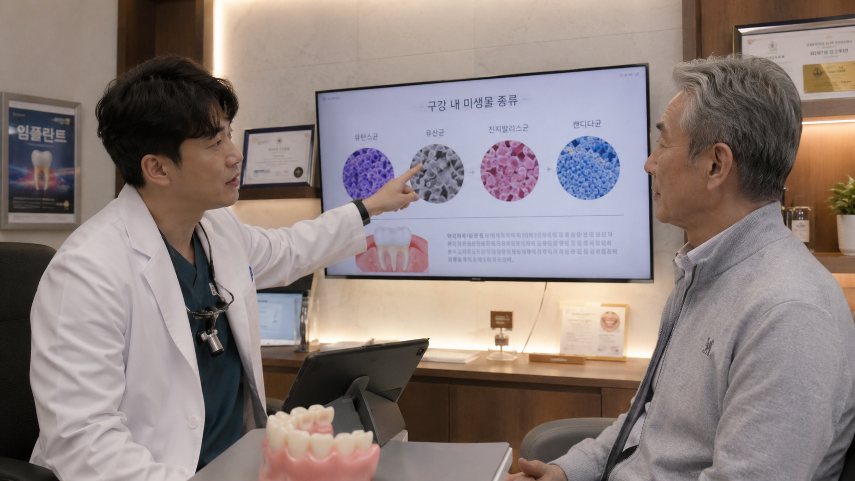 치과 진료실에서 전문의의 구강 미생물 생태계 및 치주 질환 설명을 진지하게 경청하고 있는 60대 장년층 남성의 모습