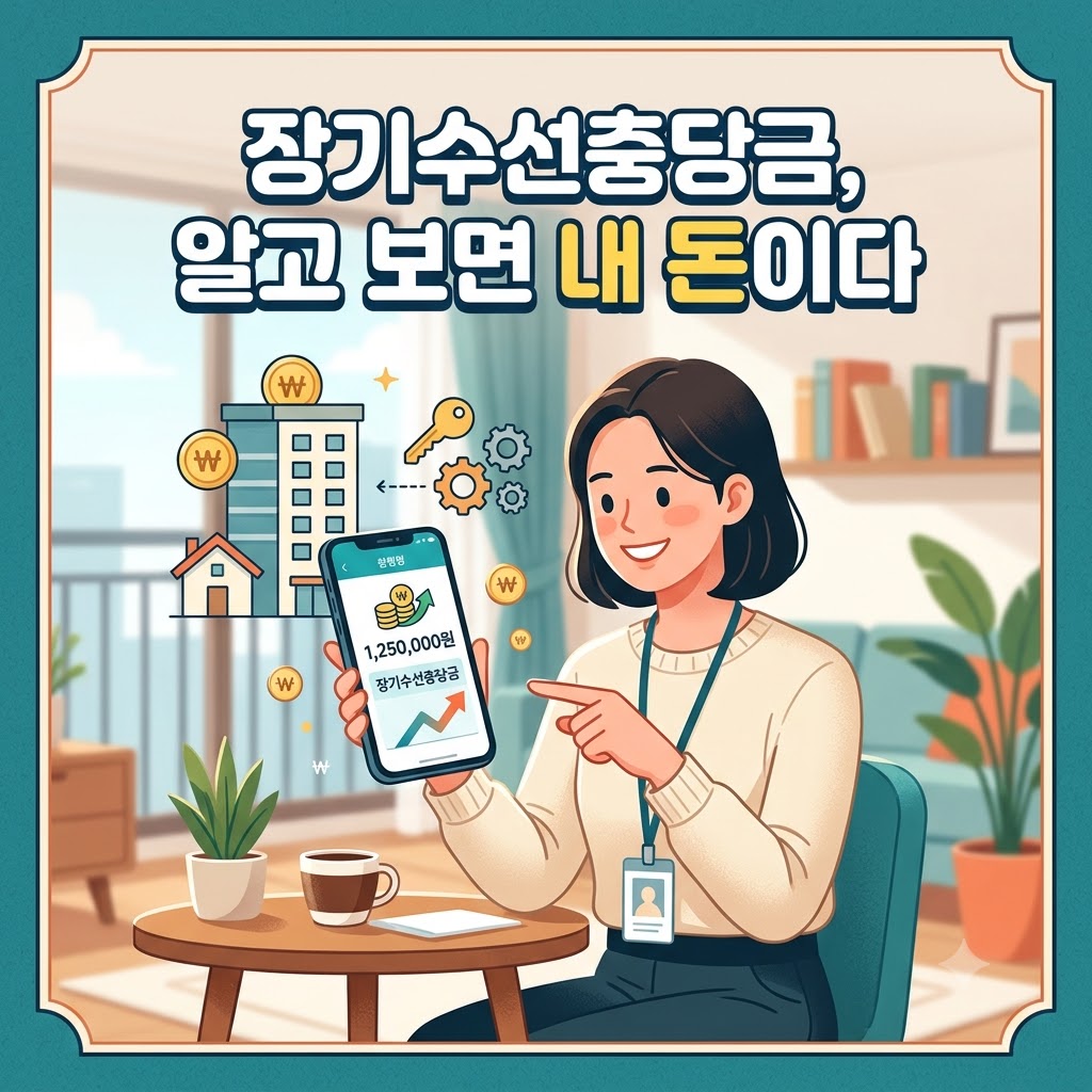 장기수선충당금, 알고 보면 내 돈이다 텍스트와 스마트폰으로 환급금을 확인하는 여성 일러스트가 담긴 정사각형 썸네일 이미지