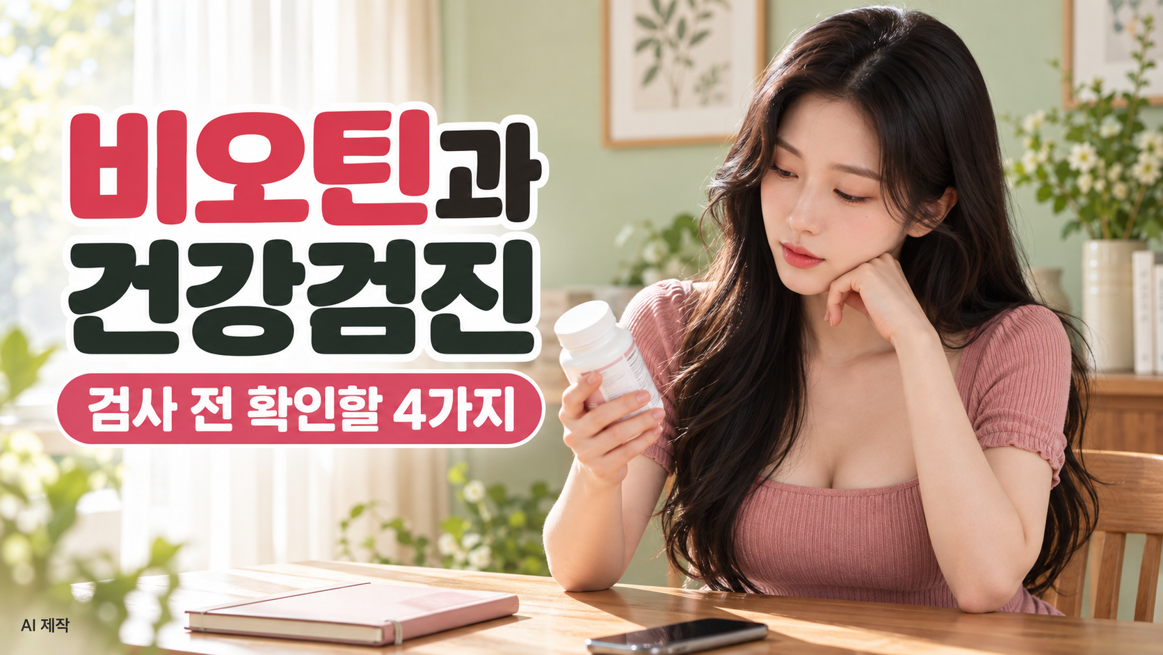 분홍색 니트를 입은 여성이 식탁에서 비오틴 제품의 성분표를 읽는 모습