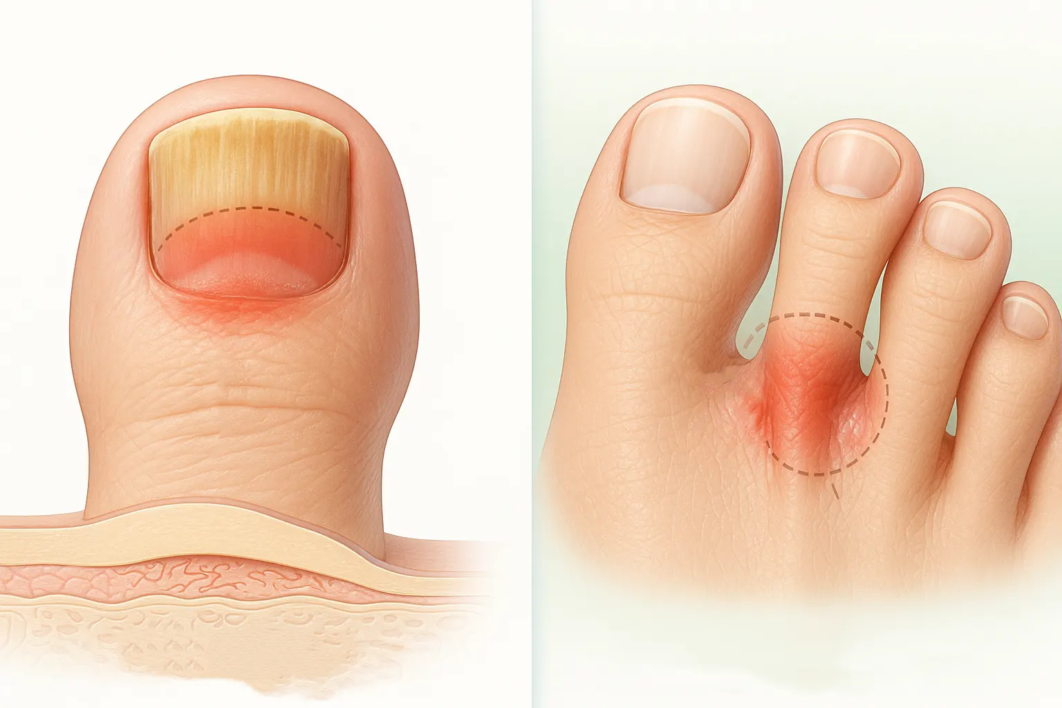 발톱 무좀과 발가락 무좀 비교 인포그래픽, 발톱 내부 감염과 발가락 피부 감염 부위 표시, 발톱이 두꺼워지고 변색된 모습 vs 발가락 사이 피부가 붉고 갈라진 모습
