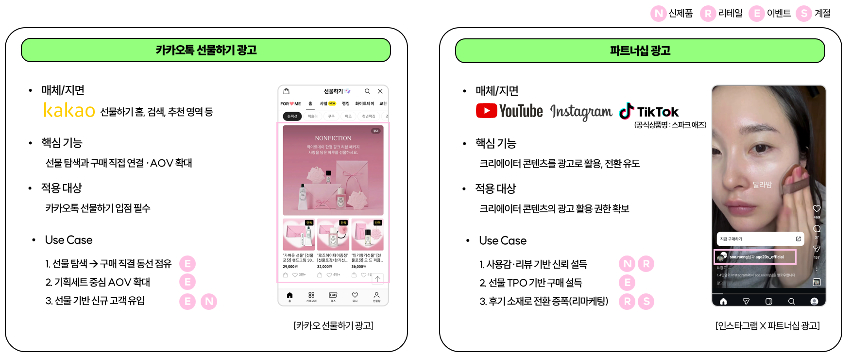 화장품 마케팅 전략 : 타이밍과 맥락의 유연한 연결 (카카오톡 선물하기 광고 &amp; 인스타그램 파트너십 광고 상품 구성) (출처: 나스미디어)