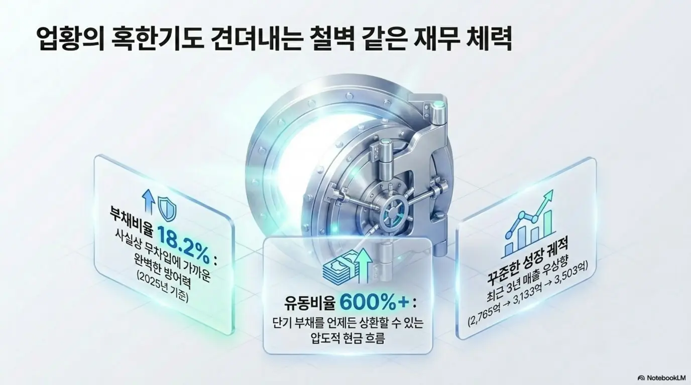 유진테크 주가 전망: 유진테크의 재무 안정성을 금고 그래픽으로 표현한 이미지. 부채비율 18.2%의 사실상 무차입 경영, 유동비율 600% 이상의 현금 흐름, 최근 3년 매출 우상향(2,765억에서 3,503억)을 정리하며, 블로그의 유진테크 재무제표 분석과 관련된 내용을 설명함