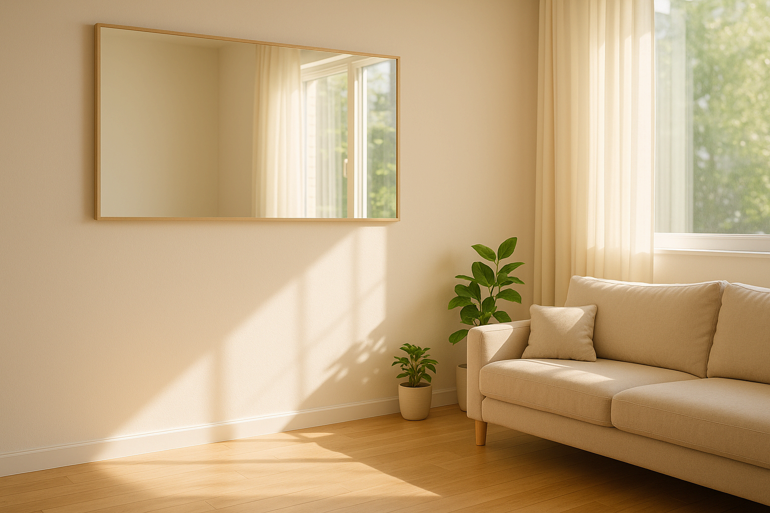 거실 벽면의 큰 거울이 햇살을 반사해 공간을 넓게 보이게 하는 인테리어