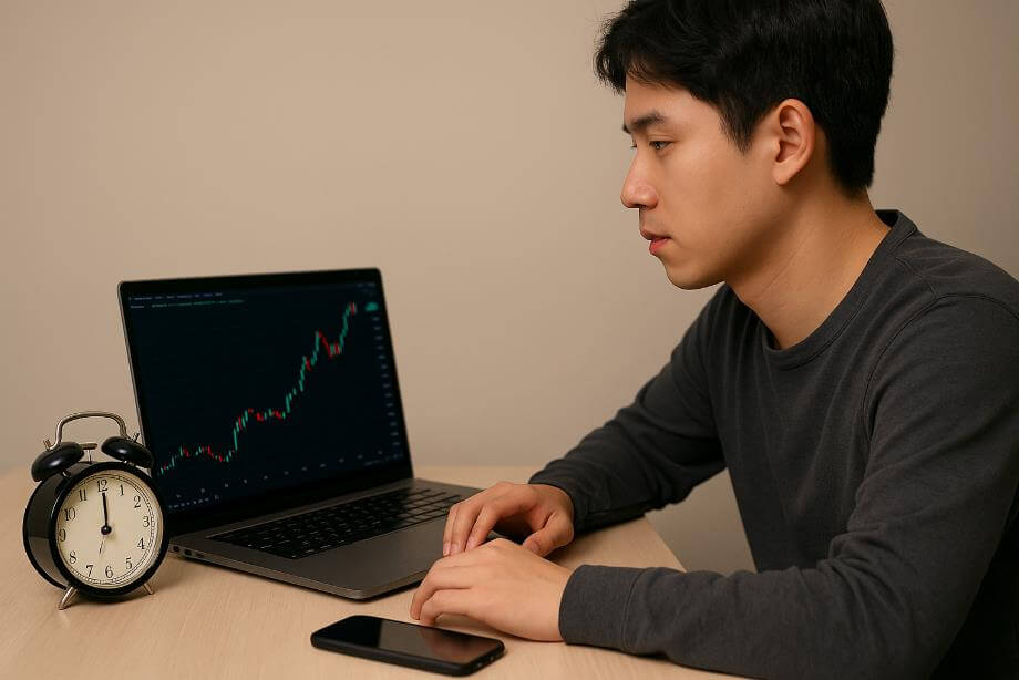 알람시계 옆에서 노트북 주식 차트를 집중해 보는 청년.