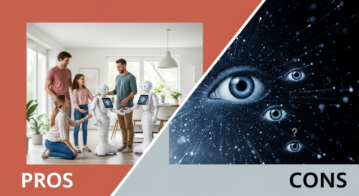 한쪽은 가족과 로봇이 행복하게 교류하는 모습, 다른 한쪽은 데이터 보안 우려를 상징하는 추상적인 이미지로 로봇 공존의 양면성을 보여줍니다.