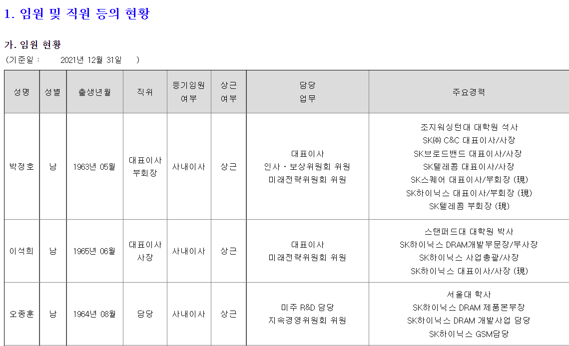 SK하이닉스 임원 현황