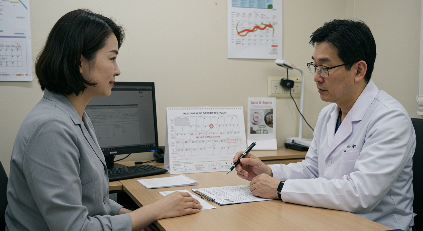 의사와 환자가 건강 검진 계획을 상담하는 장면, 연령별 검진 계획표, 전문적 의료 환경