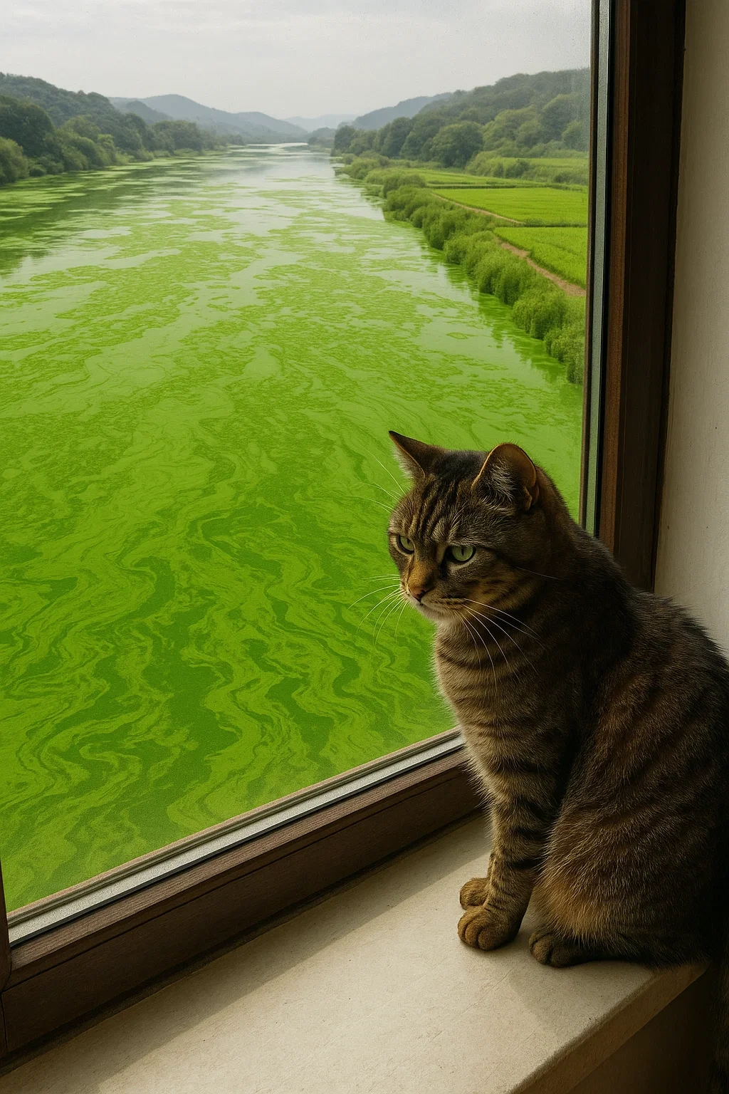 녹조 가득한 낙동강을 쳐다보는 고양이