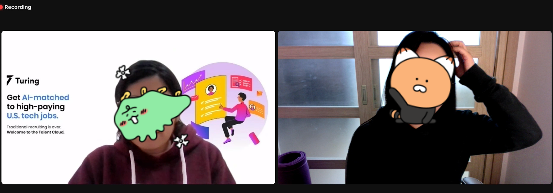 튜링 비기술적 평가면접 장면. 화상통화로 질의문답을 한다.