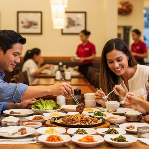 패밀리 레스토랑에서 식사하는 가족 사진