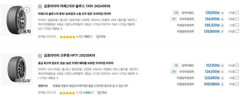 타이어 가격 비교 목록