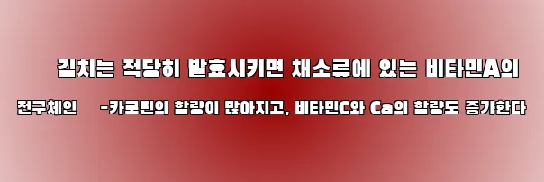  · 김치는 적당히 발효시키면 채소류에 있는 비타민A의 전구체인 β-카로틴의 함량이 많아지고, 비타민C와 Ca의 함량도 증가한다