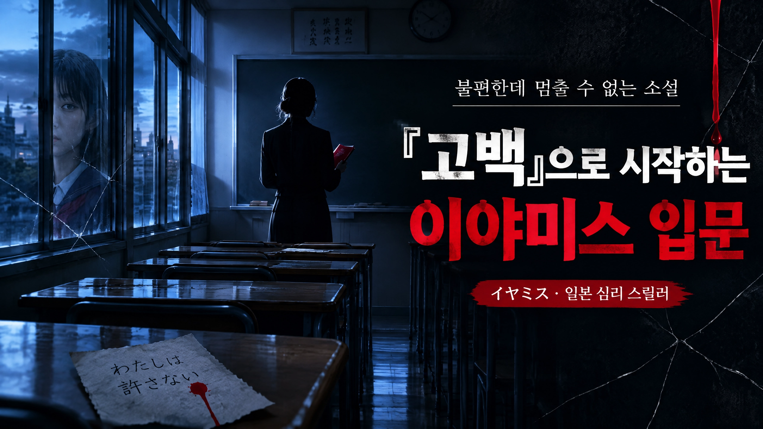 어두운 교실 창가에 선 인물의 실루엣과 '불편한데 멈출 수 없는 소설 『고백』으로 시작하는 이야미스 입문' 타이틀이 적힌 이미지