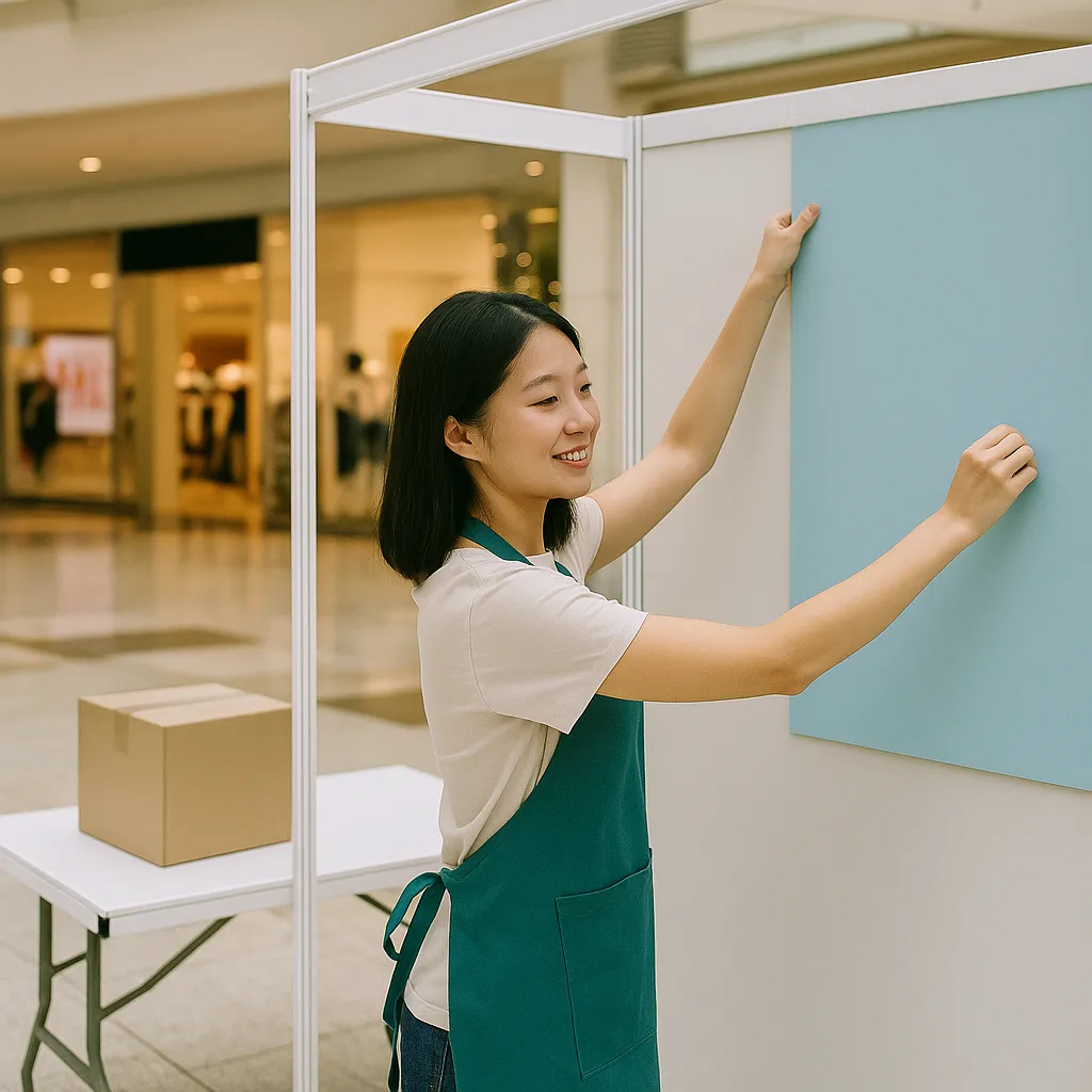 쇼핑몰 행사 부스를 설치 중인 여성 알바 스태프 모습