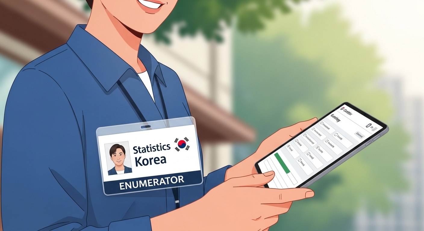 신분증을 보여주며 태블릿으로 인구주택총조사를 설명하는 친절한 조사원의 모습.