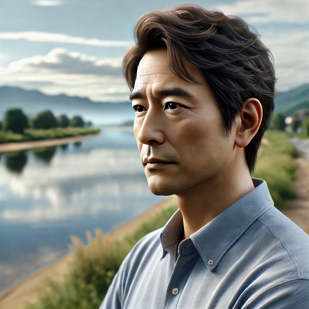 강가에서 수평선을 바라보며 반성적인 표정을 짓는 중년 남성