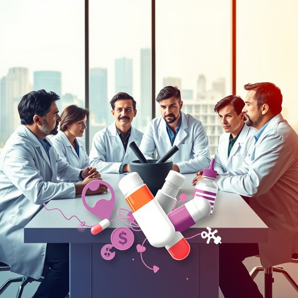 여러 명의 약사들이 모여 진지하게 대화하거나 토론하는 모습&#44; 또는 전통적인 약국 심볼과 새로운 창고형 약국 심볼이 충돌하거나 공존하는 듯한 추상적인 이미지를 통해 현재의 논쟁이나 우려&#44; 혹은 변화를 시사합니다.