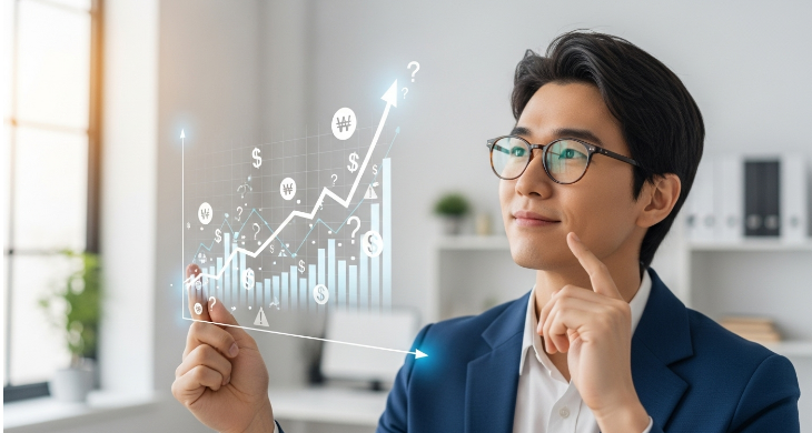 청년도약계좌의 높은 수익률과 숨겨진 위험 요소를 동시에 보여주는 그래프를 진지하게 살펴보는 젊은 청년의 모습