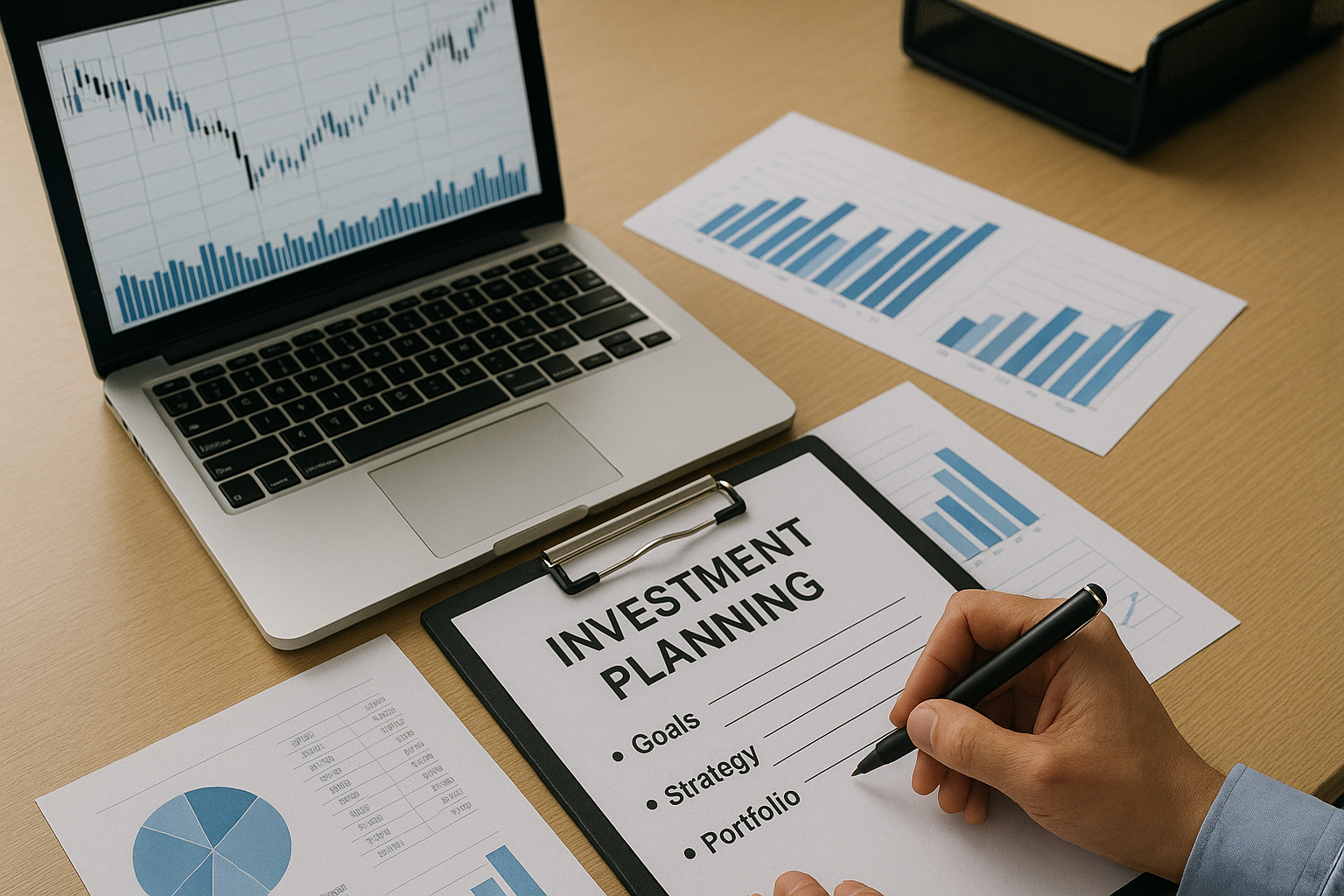 투자 계획표를 작성하는 사무실 책상 풍경