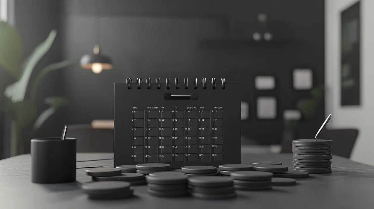 월별 배당금을 위한 달력이 강조된 배당금 지급 과정을 상징적으로 나타냅니다. 시간 엄수와 금융의 규칙성을 부드러운 톤과 조명으로 표현하며 배당 투자에 대한 안정적 인식을 심어줍니다.