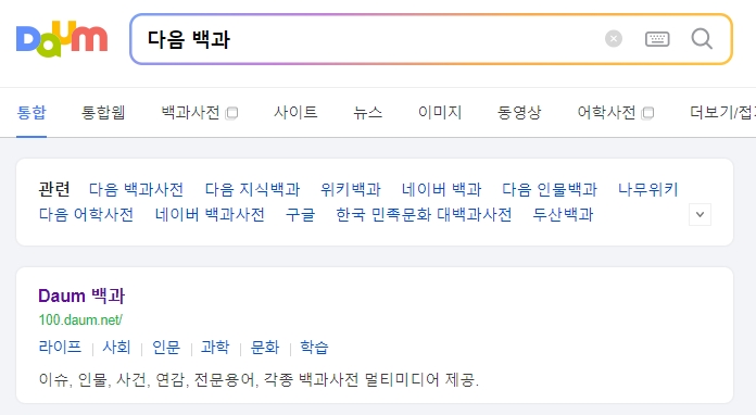 다음 백과사전 메인 화면에서 검색을 준비하는 모습