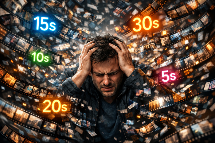 숏폼 콘텐츠의 범람으로 인한 청각적 피로도와 정보의 파편화를 형상화한 이미지.