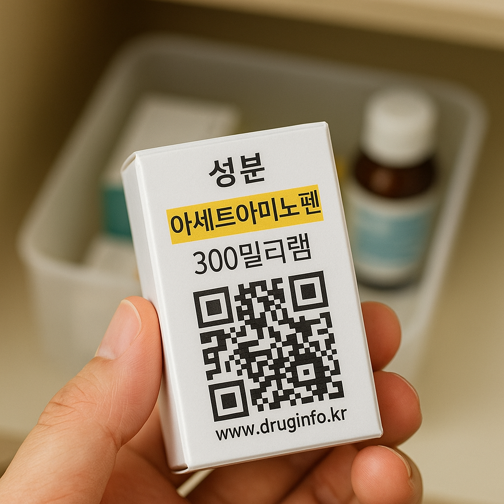 아세트아미노펜 300mg 표기와 QR라벨이 보이는 소형 약 상자를 들고 성분 확인